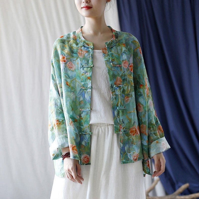 Pink Flowers Green Leaves Print Frog-button Design Long Sleeve Ramie Linen Jacket Shirt
