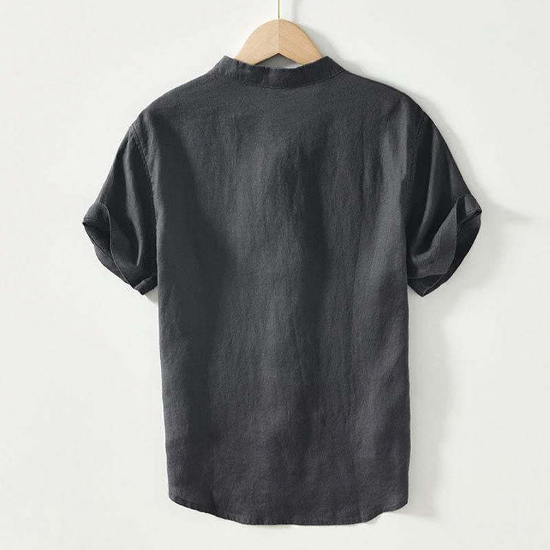Daily Frog-Button Stand Collar Short Sleeve Linen Men's Shirt