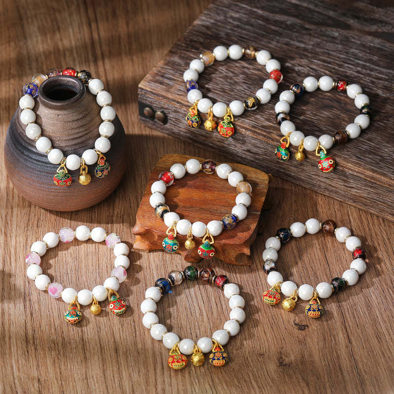 Gold Swallowing Beast Family Charm Liuli Glass Colorful Porcelain Bead Luck Bracelet