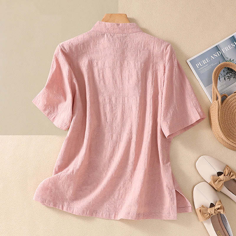 Plum Blossom Embroidery Frog-Button Short Sleeve Cotton Linen Shirt