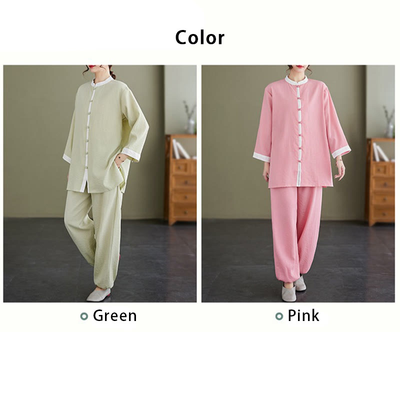 2Pcs Vintage Long Sleeve Shirt Top Pants Meditation Zen Tai Chi Cotton Linen Clothing Women's Set