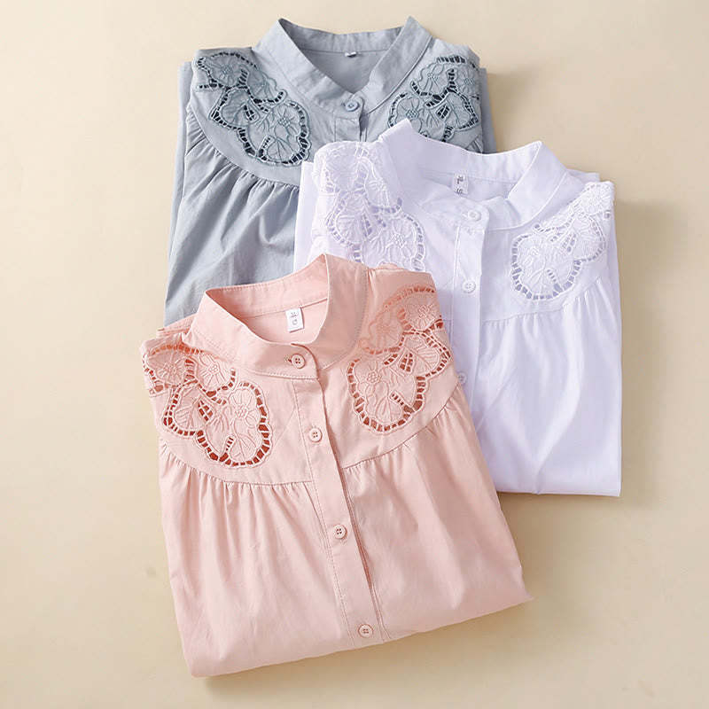 Casual Embroidery Flower Hole Design Three Quarter Sleeve Cotton Linen Women's Shirt
