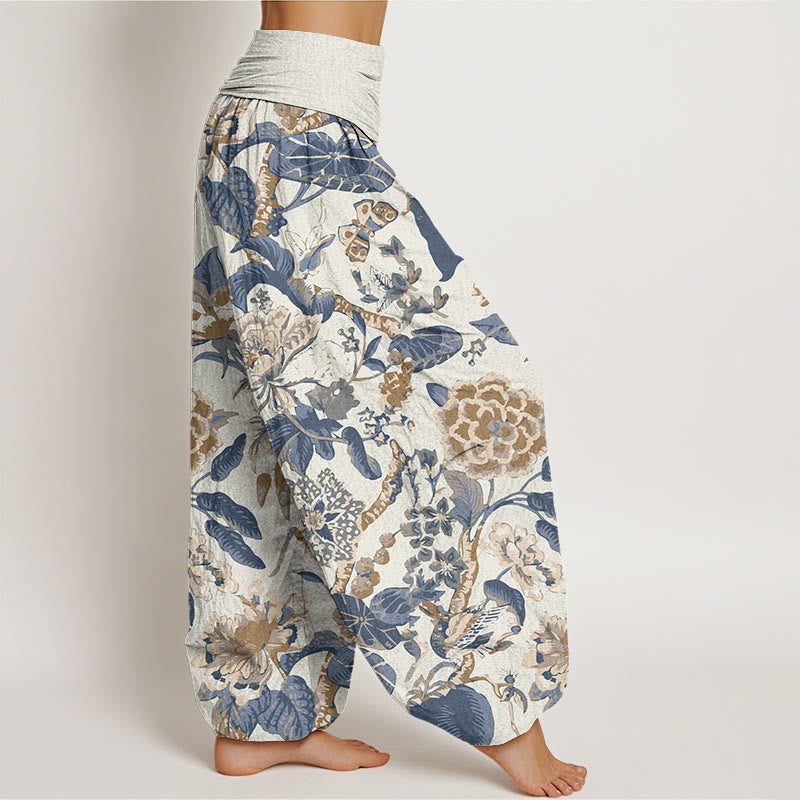 Lotus Leaf Peony Pattern Women's Elastic Waist Harem Pants