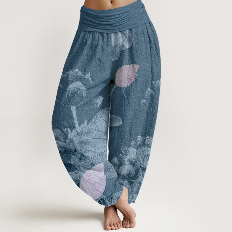 Pink And White Lotus Women's Elastic Waist Harem Pants