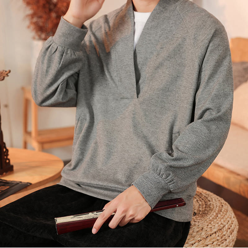 Fall Simple V-Neck Men's Sweatshirt Cotton Pullover With Pockets