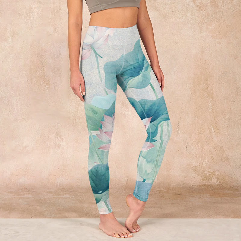 Blooming  White Pink Lotus Leaves Print Gym Leggings Women's Yoga Pants