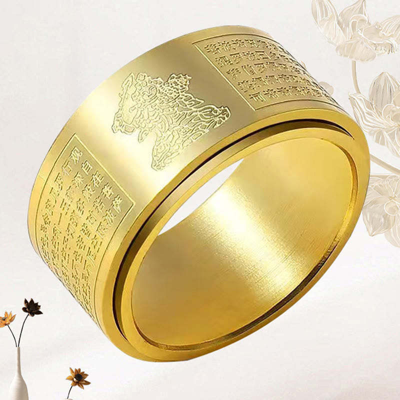 Chinese Zodiac Natal mystic zen Heart Sutra Carved Titanium Steel Calm Rotatable Ring