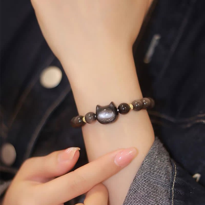 Gold Sheen Obsidian Silver Sheen Obsidian Lovely Paw Lucky Cat Protection Bracelet