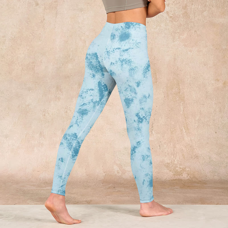 Light Blue Tie-dye Print Gym Fitness Leggings Women's Yoga Pants