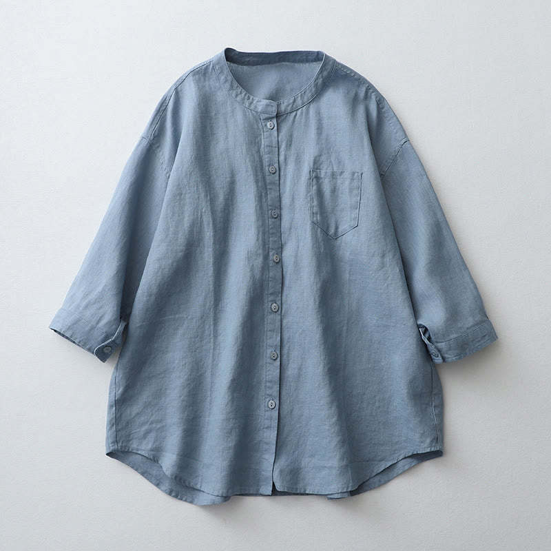 Solid Color Button Three Quarter Sleeve Cotton Linen Shirt