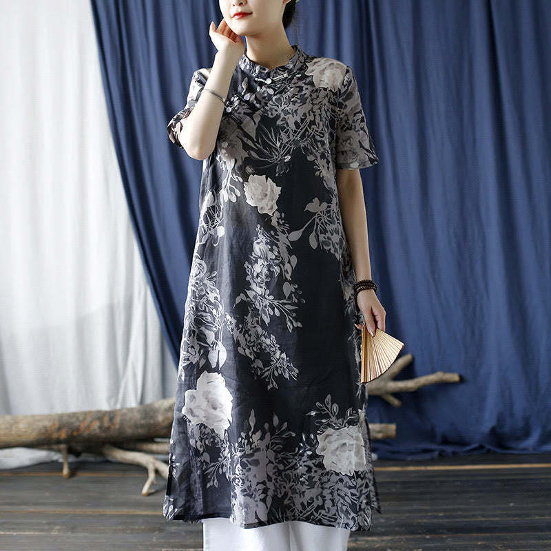 Ramie Linen Blue Flowers Leaves Cheongsam Dresses Short Sleeve Dress