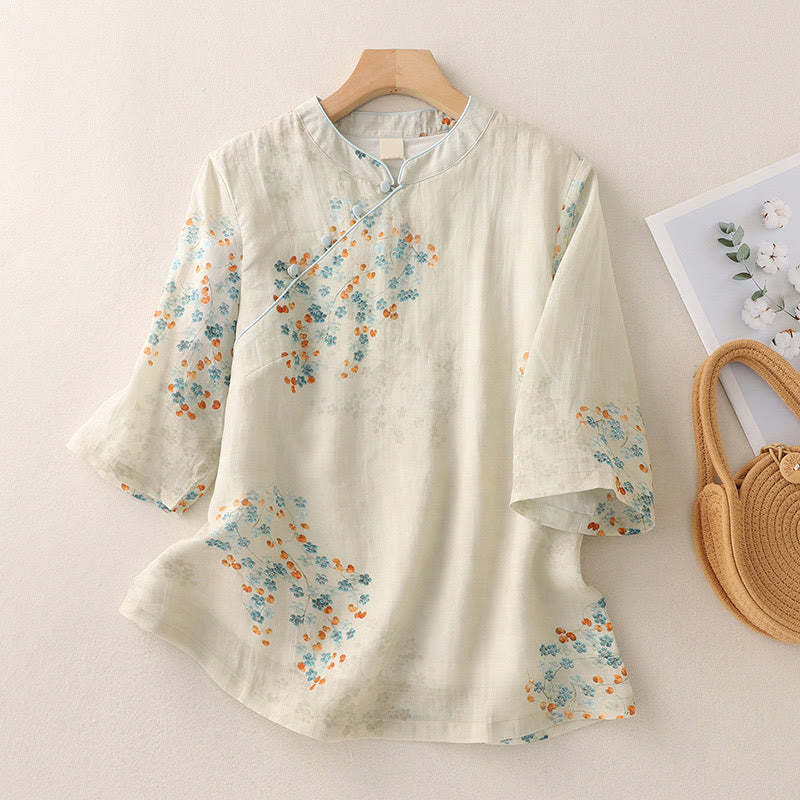 Blue Flowers Orange Leaves Frog-Button Three Quarter Sleeve Cotton Linen Shirt
