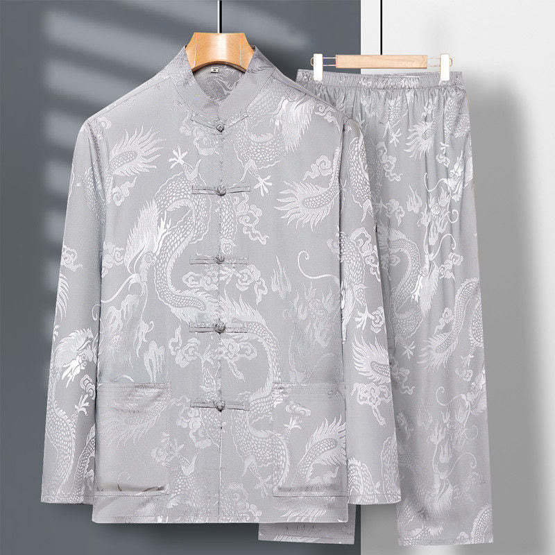2Pcs Tang Suit Dragon Frog-Button Men's Long Sleeve Shirt Pants Clothing Set