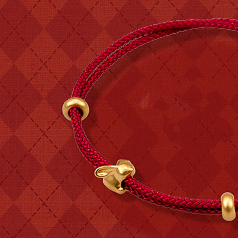 999 Gold Small Lucky Rabbit Osmanthus Design Handmade Luck?Braided Rope Bracelet