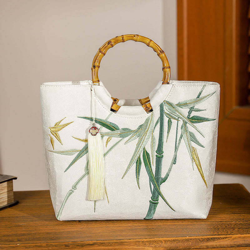 Embroidery Bamboo Handle Tassel Handbags