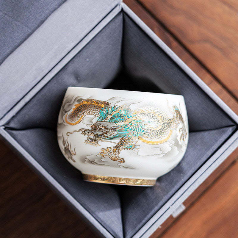 Dragon Phoenix Auspicious Clouds Ceramic Teacup Kung Fu Tea Cup With Gift Box