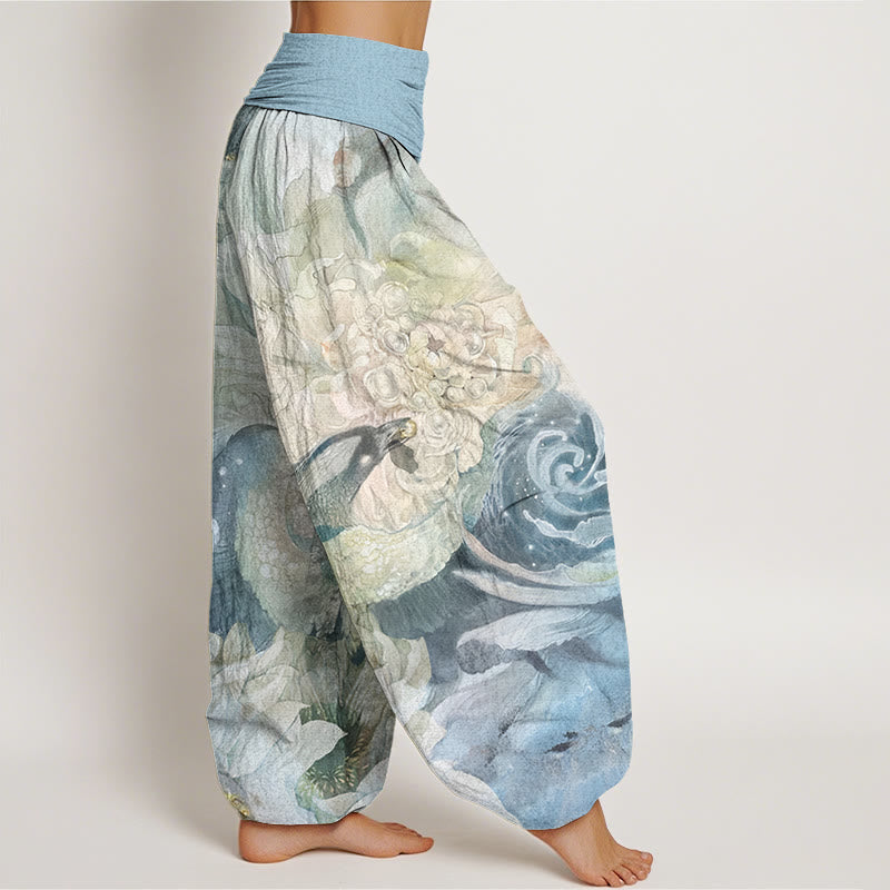 Phoenix Lotus Pattern Women's Elastic Waist Harem Pants