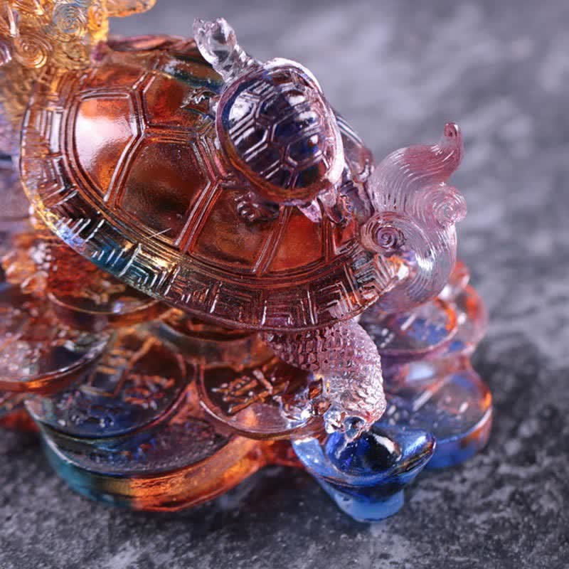 Feng Shui Dragon Turtle Coins Handmade Liuli Crystal Luck Art Piece Home Office Decoration