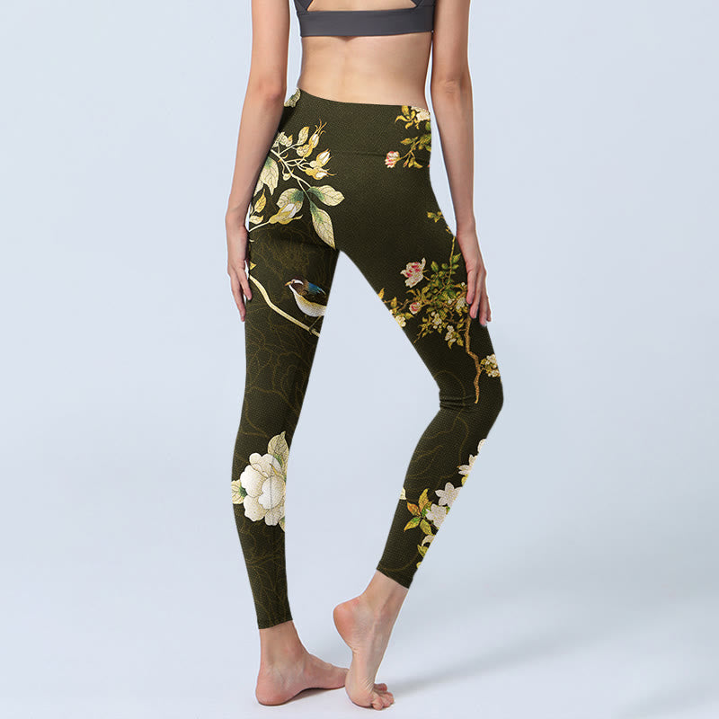 Black Magnolia Flowers Print Gym Leggings Women's Yoga Pants