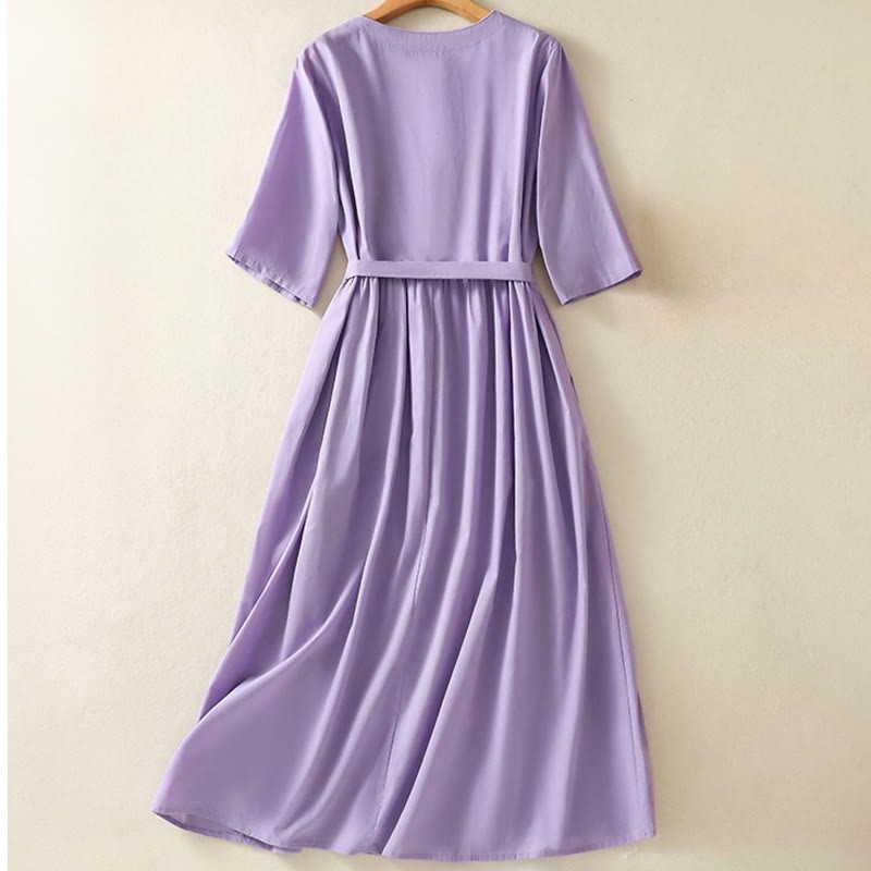 Summer Orchid Embroidery Lace-Up V-Neck Half Sleeve Cotton Linen Midi Dress With Pockets