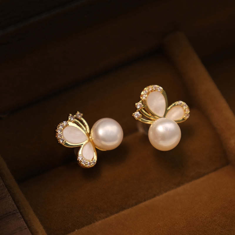 925 Sterling Silver Posts 18K Gold Plated Copper Natural Pearl Butterfly Zircon Healing Stud Earrings