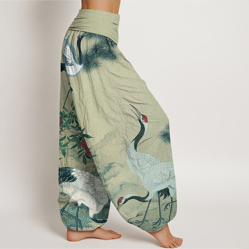 Casual Red-crowned Crane Pine Tree Mountain Women's Elastic Waist Harem Pants