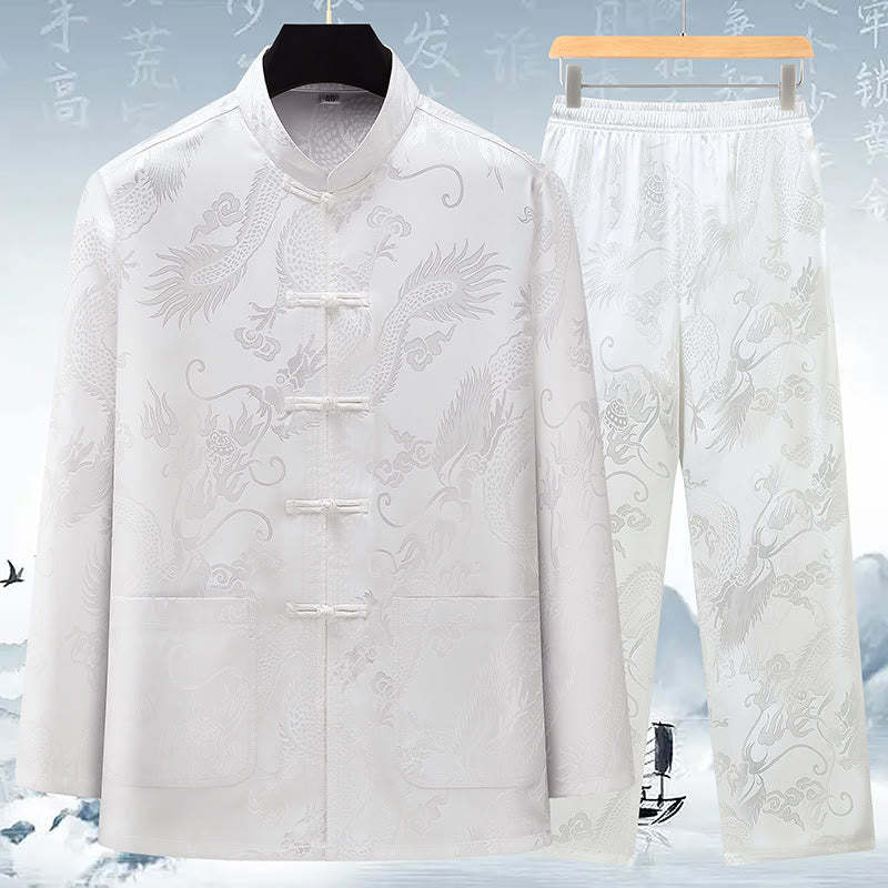 Tang Suit Men Hanfu Chinese Dragon Traditional Clothes Kung Fu Shirt Uniform Long Sleeved Coat Tops and Pants Clothing Men's Set