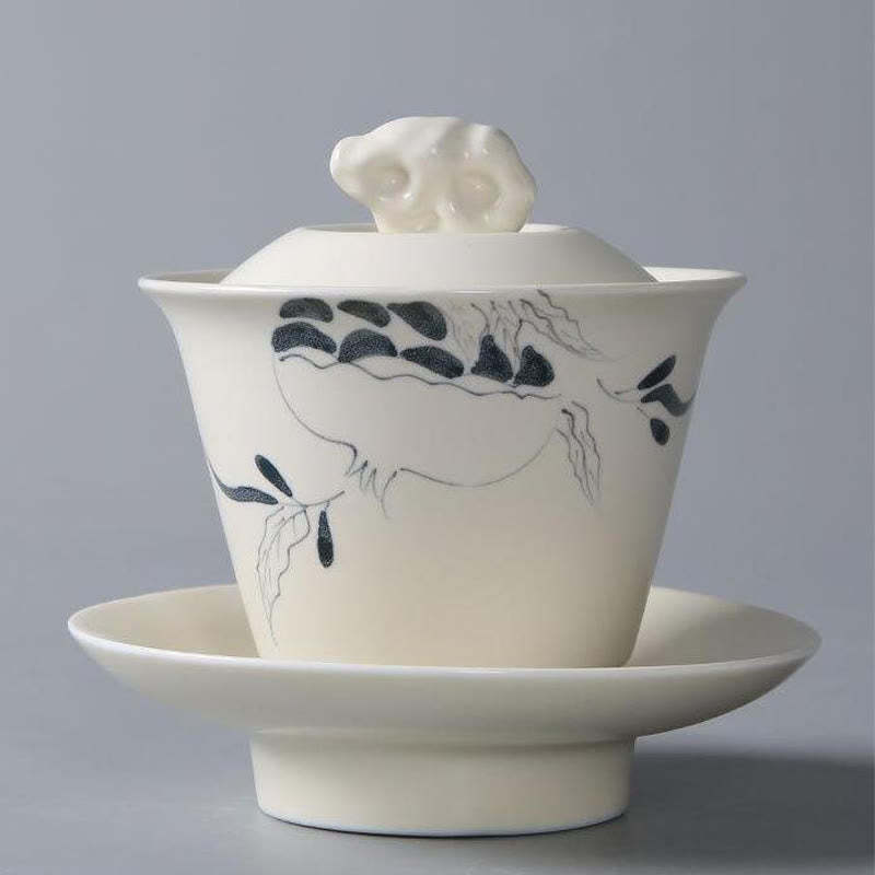 Hand Painted Pomegranate Hibiscus Pine Lotus Ceramic Gaiwan Sancai Teacup Kung Fu Tea Cup And Saucer With Lid