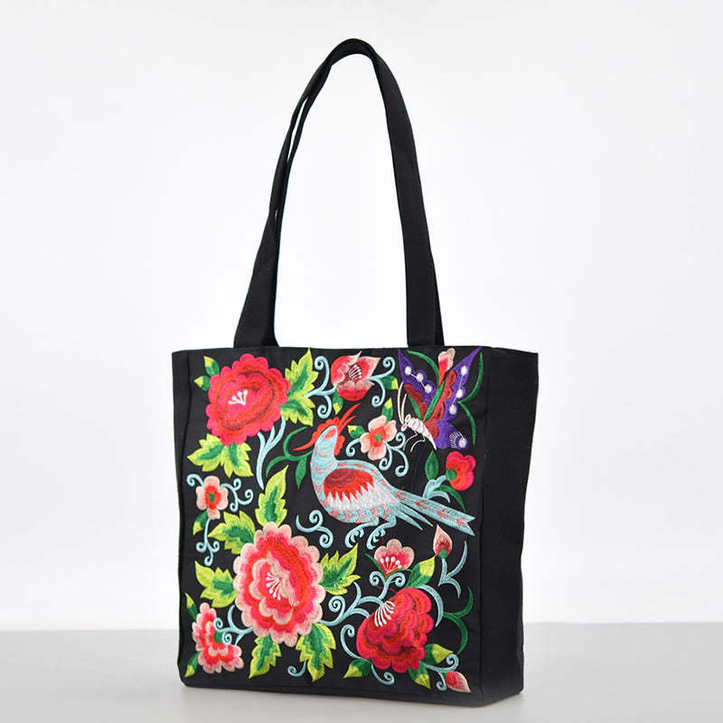 Galsang Magpie Peony Camellia Chrysanthemum Embroidery Canvas Shopping Purse Handbag Shoulder Bag