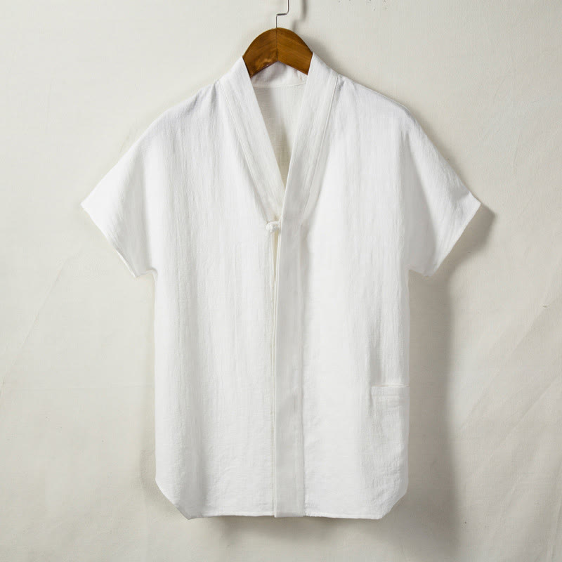 Men's Short Sleeve Shirt With Pocket V Neck Cardigan Comfort Cotton Linen Shirt