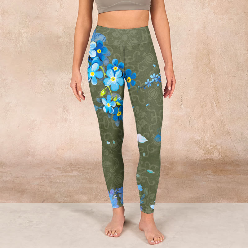 Blue Flowers Butterflies Print Gym Leggings Women's Yoga Pants