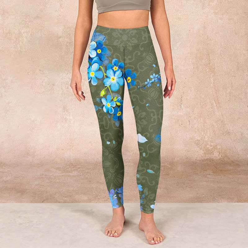 Blue Flowers Butterflies Print Gym Leggings Women's Yoga Pants