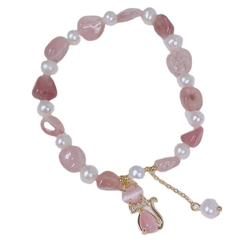 Natural Strawberry Quartz Pearl Cat Positive Bracelet