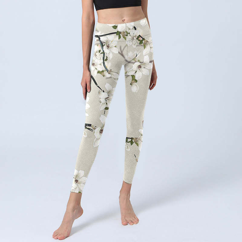 White Magnolia Flower Print Sports Fitness Leggings Women's Yoga Pants