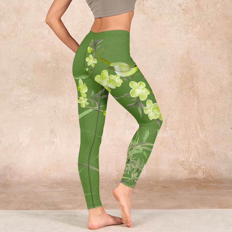 Magpie Flowers Branches Print Gym Leggings Women's Yoga Pants