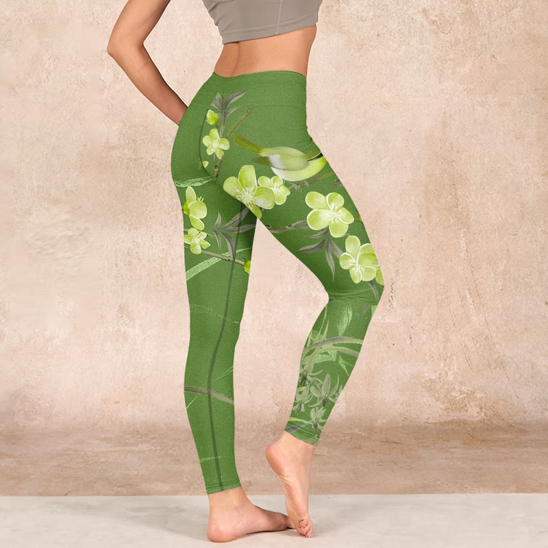 Magpie Flowers Branches Print Gym Leggings Women's Yoga Pants