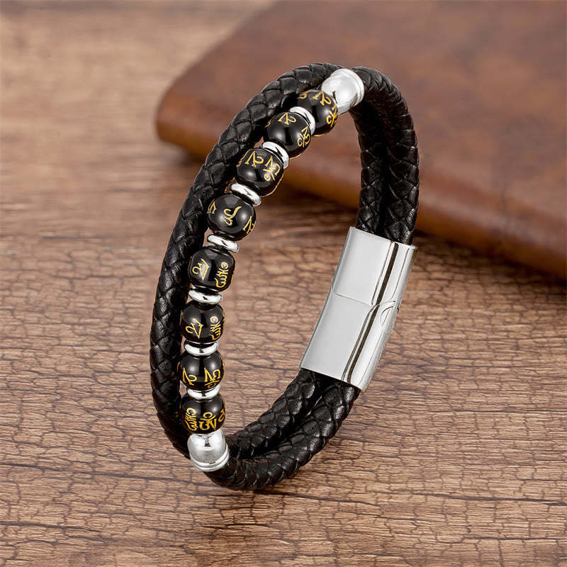 Black Onyx Turquoise Tiger Eye Red Agate Om Mani Padme Hum Strength Leather Bracelet