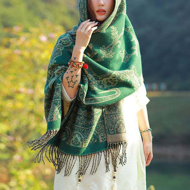 Vintage Tibetan Leaves Pattern Design Shawl Cozy Travel Scarf Wrap