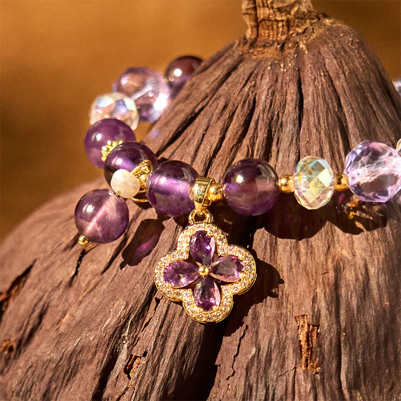 Natural Amethyst Crystal Four Leaf Clover Spiritual Healing Bracelet