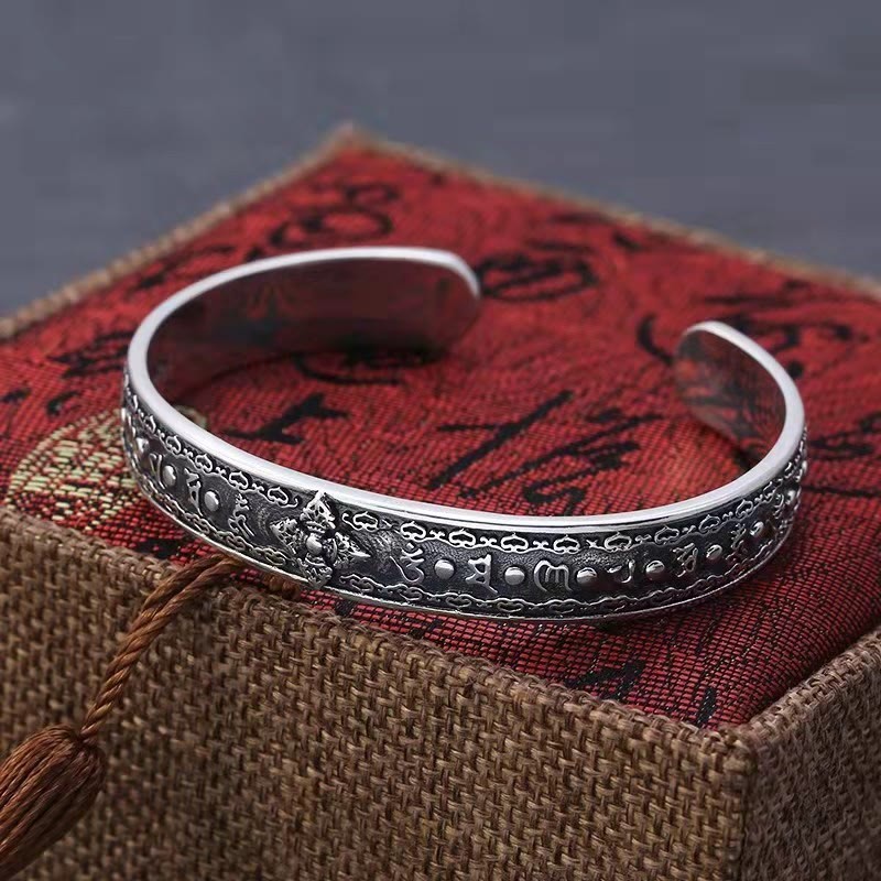 925 Sterling Silver Om Mani Padme Hum Double Dorje Engraved Wisdom Cuff Bracelet Bangle