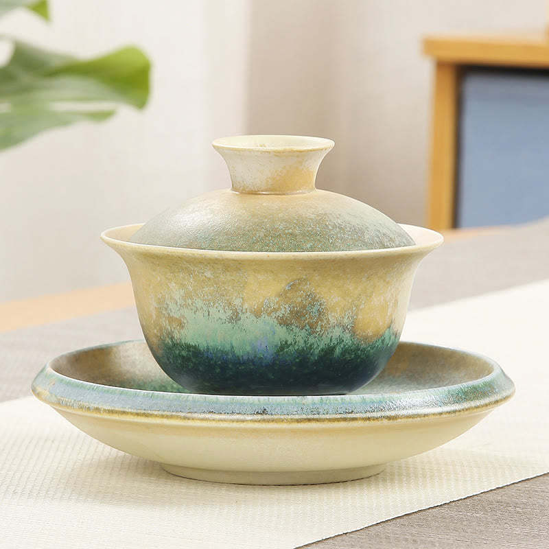 Green Ocean Waves Design Porcelain Ceramic Gaiwan Sancai Teacup Kung Fu Tea Cup And Saucer With Lid