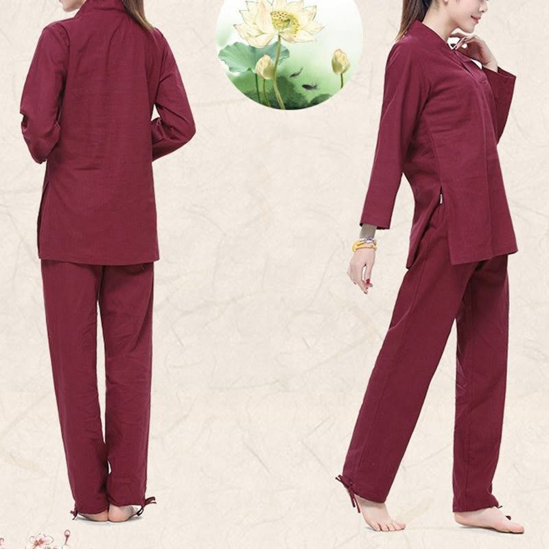 Zen Practice Yoga Meditation Prayer V-neck Design Uniform Cotton Linen Clothing Women's Set