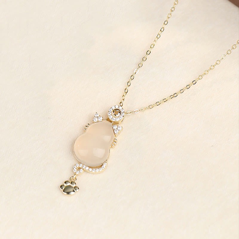 925 Sterling Silver 14k Gold White Jade Gourd Cat Protection Necklace Pendant