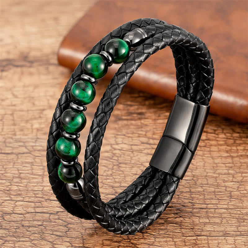 Tiger Eye Lava Rock Hematite Black Onyx Bead Positive Leather Bracelet