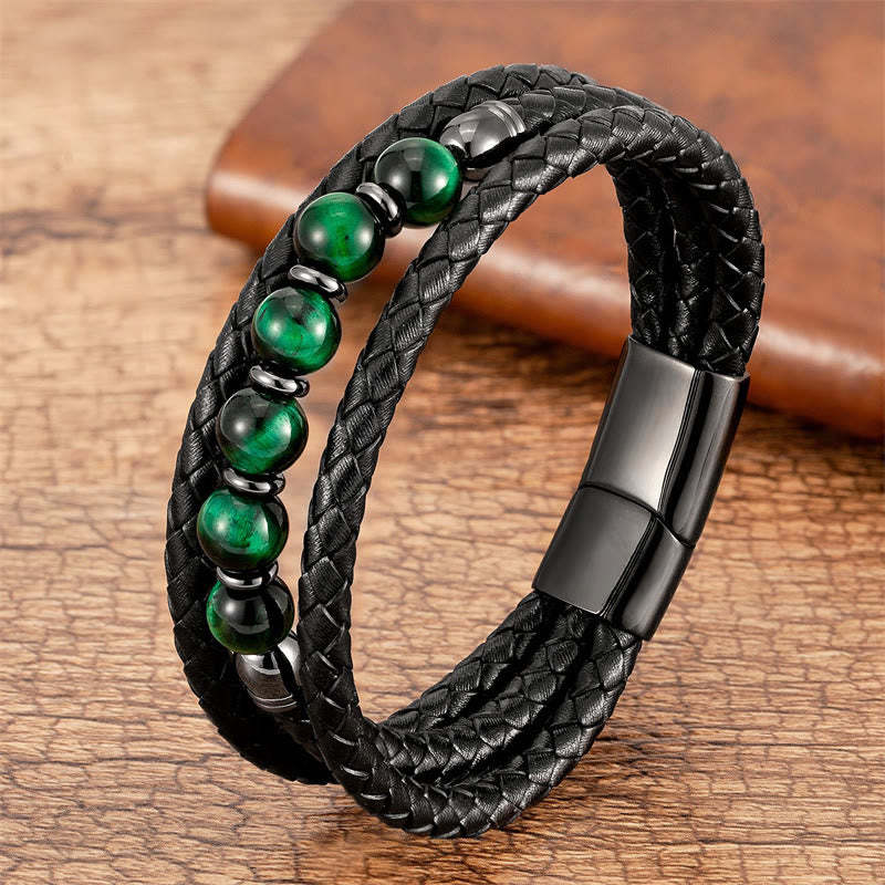 Tiger Eye Lava Rock Hematite Black Onyx Bead Positive Leather Bracelet