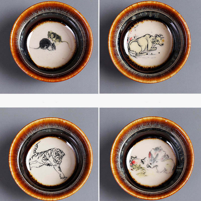 12 Chinese Zodiac Pattern Ceramic Teacup Kung Fu Jian Chinese Zhan Tea Cup 73ml