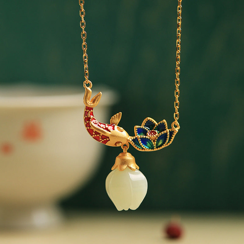 925 Sterling Silver White Jade Koi Fish Lotus Protection Necklace Pendant