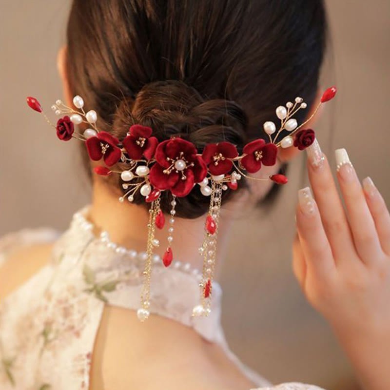 Chinese Oriental Wedding Bridal Red Rose Hair Clip