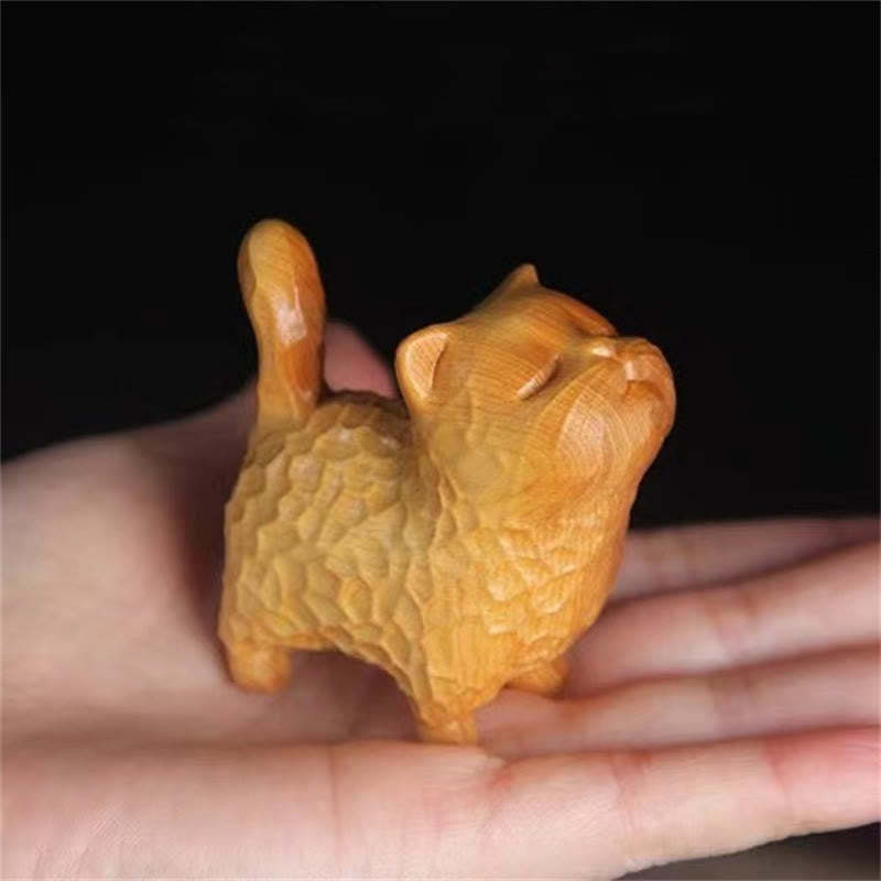Mini Thuja Sutchuenensis Boxwood Cute Cat Kitten Carved Prosperity Decoration