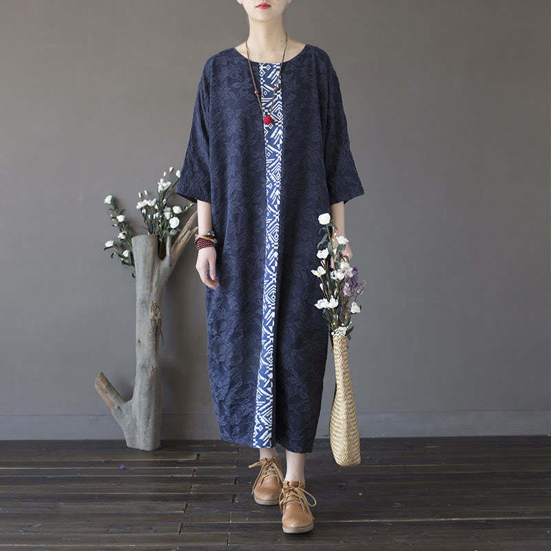 Blue Flowers Embroidery Jacquard Midi Dress Three Quarter Sleeve Cotton Dress With Pockets